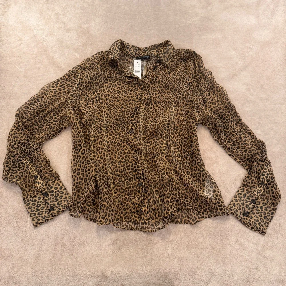 NWT J.Crew Leopard Cupro‎ Button Up Blouse Sheer Animal Print Top Women's 18